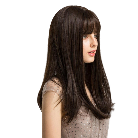 Perruque femme brune long cheveux synthetiques